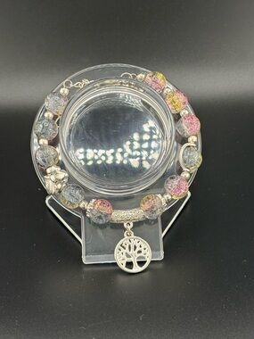 Multicolor Crackle Glass Bead Bracelet with Tree of Life Charm